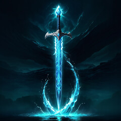 Glowing Blue Sword Emerging From Water