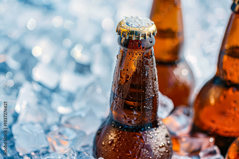 Aufkleber bottle of beer with a cap on top is sitting in a container of ice. the bottle is half full and the i