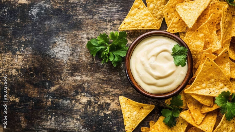 Poster a tempting array of crispy corn chips surrounds a bowl of creamy cheese sauce, perfect for sharing a