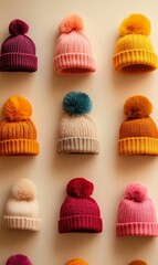 Nine colorful knitted beanies with pom-poms.