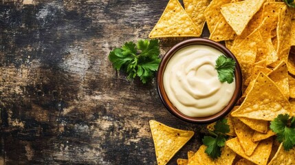 A tempting array of crispy corn chips surrounds a bowl of creamy cheese sauce, perfect for sharing at a casual meal or party. Generative AI