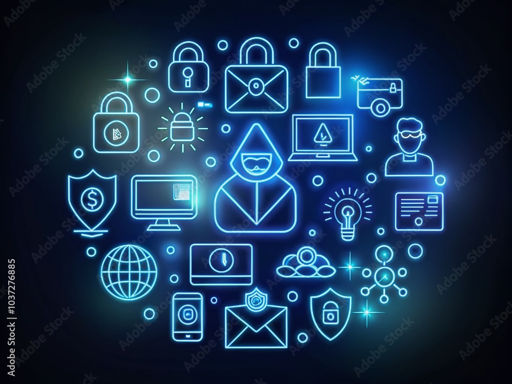 Poster line icons for fraud and hacking in low light environment - ui design elements for cybersecurity vis