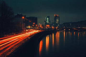 Dark blurred photo with long exposure, night city lights, orange light streaks