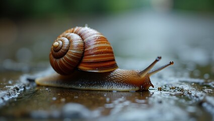 Macro shot of a snail on wet stone path with glistening shell and raindrops