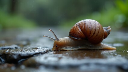 Macro shot of a snail on wet stone path with glistening shell and raindrops