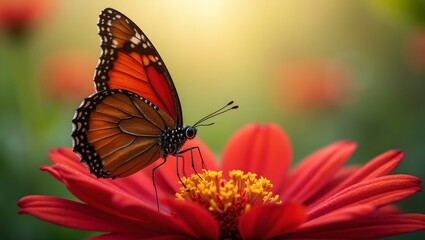 Vibrant butterfly on red flower wings wide
