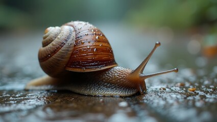 Macro shot of a snail on wet stone path with glistening shell and raindrops