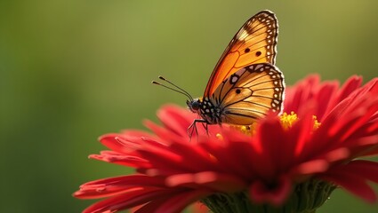 Obraz premium Vibrant butterfly on red flower wings wide