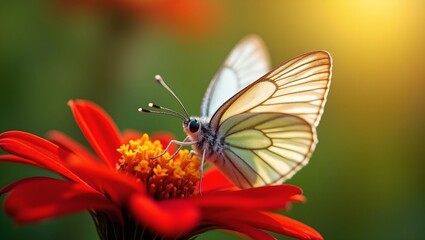 Fototapeta premium Vibrant butterfly on red flower wings wide