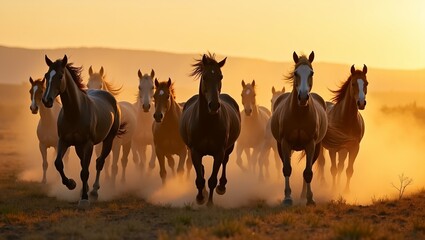 Fototapeta premium Majestic wild horses running in a field at sunset kicking up dust