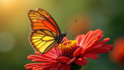 Obraz premium Vibrant butterfly on red flower wings wide