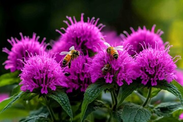 Monarda (Bee Balm) flowers buzzing with bees and butterflies, their spiky petals standing out in a sunny meadow
