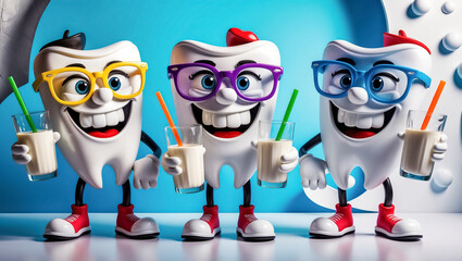 funny cartoon tooth character with milk glass