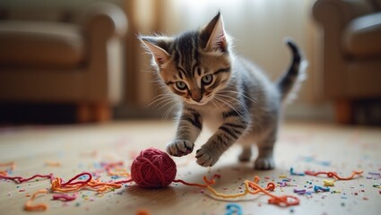 Adorable kitten entangled in yarn ball amid living room setting