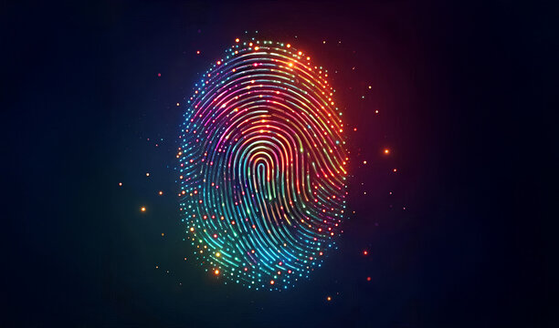 A vibrant, colorful fingerprint made of glowing dots or particles, set against a dark background with circuit board patterns