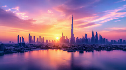 Obraz premium A serene sunset over a city skyline reflected in the river, showcasing urban architecture and skyscrapers against a colorful sky, capturing the beauty of the landscape and travel vibes