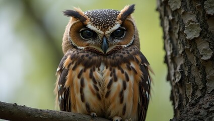 Obraz premium Sleepy owl blends into tree branch large eyes half closed