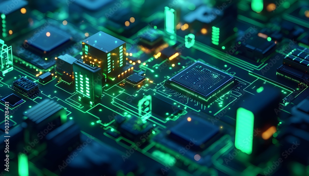 Aufkleber a close-up view of a glowing, intricate circuit board with vibrant green lights and multiple electro