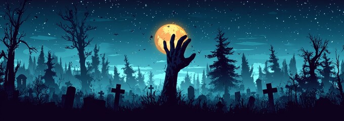 Zombie hand rising from grave in eerie moonlight, surrounded by crosses on a dark night. Horror and death concept.