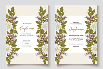 WEDDING INVITATION FRAME WITH FLOWER DECORATIONS AND FRESH LEAVES 