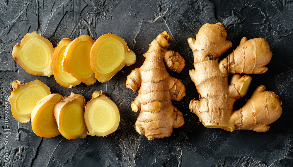 Poster bunch of ginger root and ginger slices are displayed on a dark surface. the ginger root is whole and