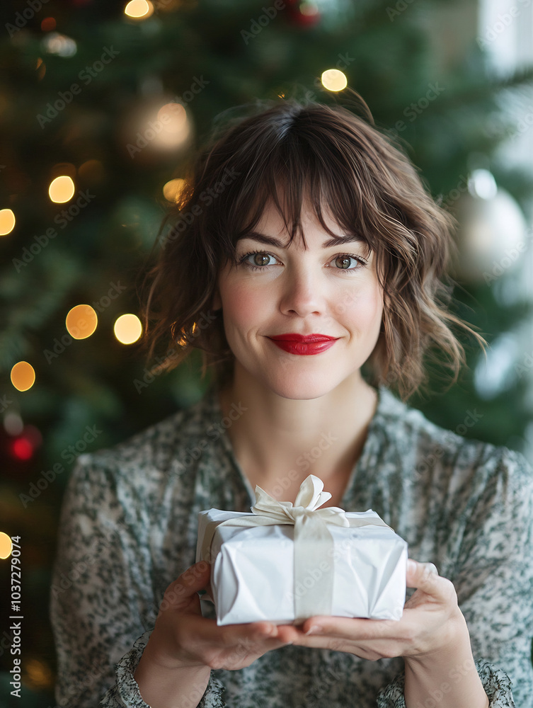 Wall mural a joyful woman holding a beautifully wrapped gift in front of a decorated christmas tree during the 