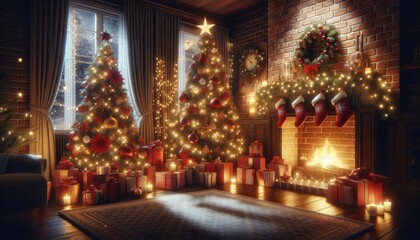 Cozy Christmas Living Room: Festive Tree with Red Ornaments, Glowing Fireplace with Stockings, Wrapped Gifts, and Warm Candlelight Creating a Magical Holiday Atmosphere Indoors