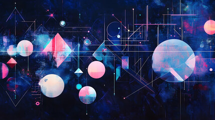Bright geometric shapes floating in an infinite digital space filled with glowing lines and patterns