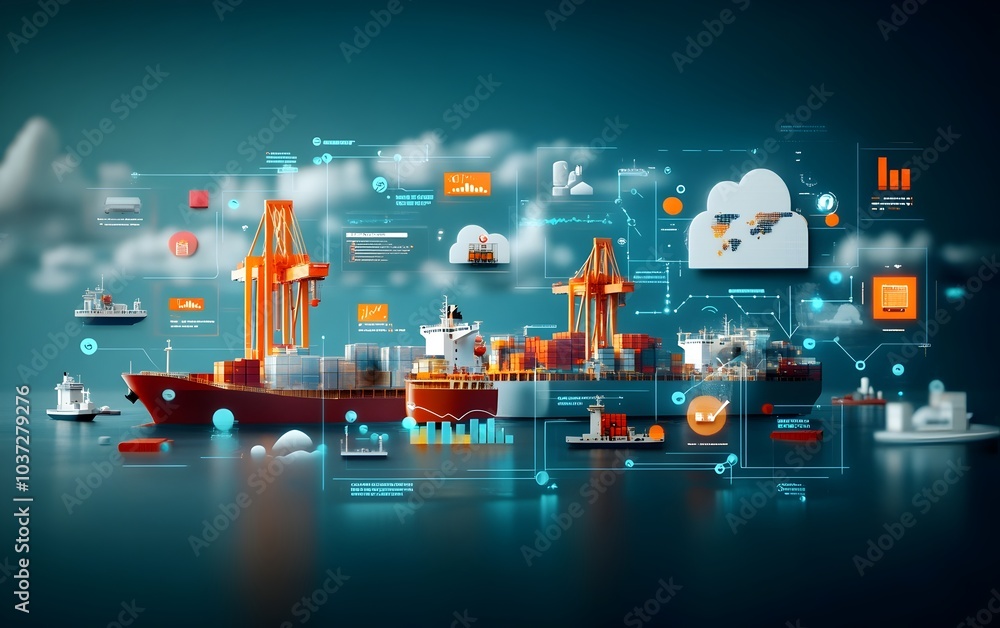 Poster panoramic view of a bustling international port with towering cranes cargo ships and a dynamic displ