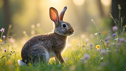 Fototapeta premium Tranquil scene of rabbit on grass in meadow with blooming wildflowers and singing birds
