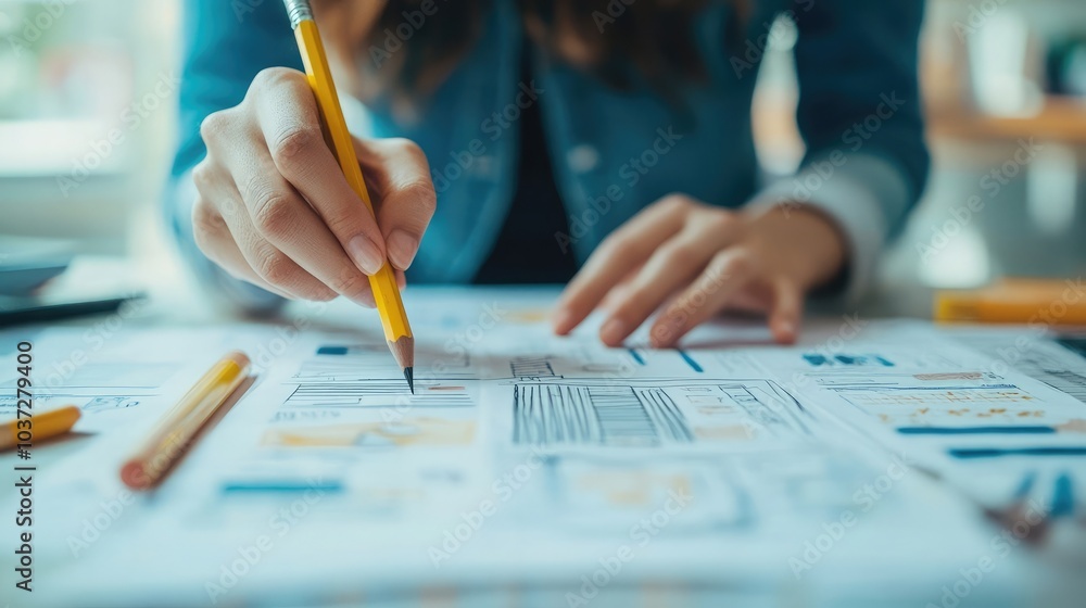 Poster a designer working on a ui/ux project with a large pencil, representing online design classes and di