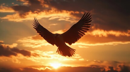 A falcon soaring through the sky at sunset, with its wings spread wide, symbolizing power and grace in nature