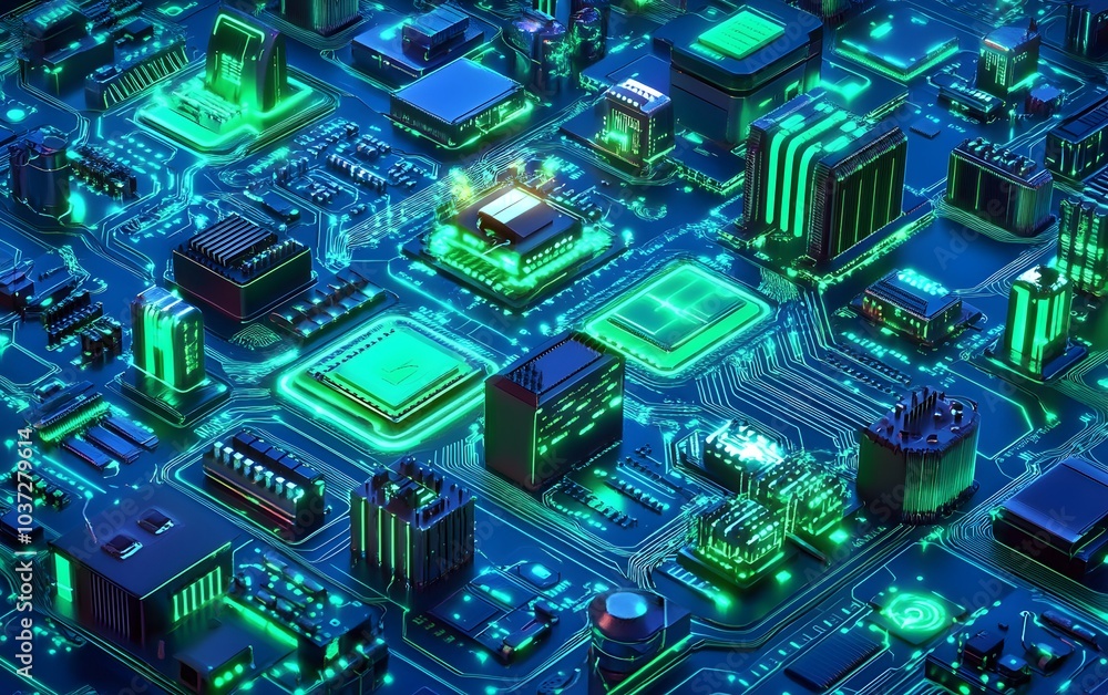 Poster a vibrant close-up of a futuristic circuit board with glowing components, showcasing intricate detai