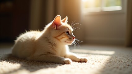 House cat basking in sunbeam on carpet