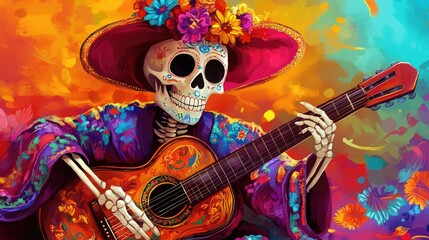 A festive skull adorned with a hat and flowers, playing music against a colorful backdrop, celebrating life and culture.