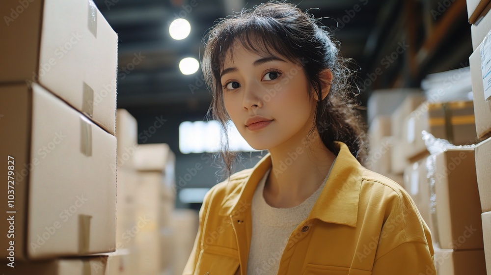 Canvas Prints Young Woman in Warehouse Surrounded by Boxes