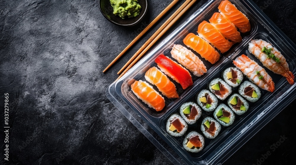 Poster sushi platters are elegantly arranged, showcasing various types of sushi along with wasabi and chops