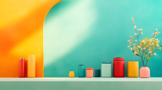 Prismatic 3D studio environment with multifarious hues bare floor and wall showcasing product plinth gradient of shadows from window cascading on the countertop