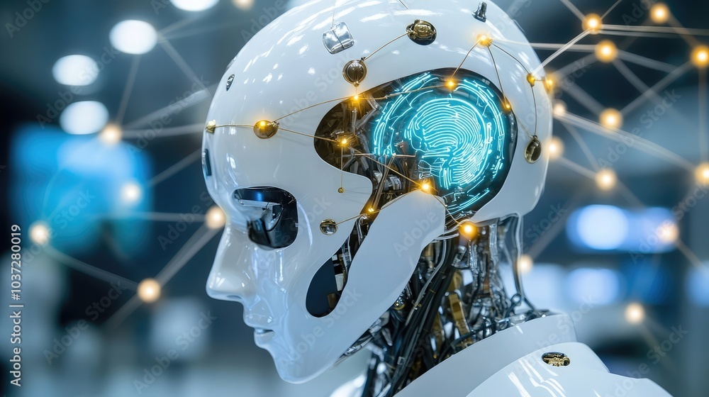 Poster a futuristic robot brain connected by a network of wires, symbolizing the fusion of ai and human int