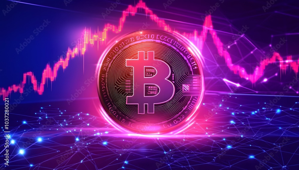 Poster a vibrant digital representation of bitcoin, featuring a glowing coin against an abstract background