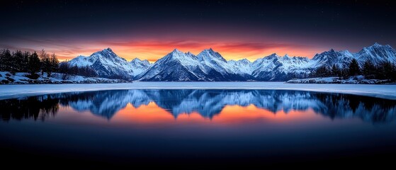 Stunning mountain landscape with vibrant sunset reflections on serene water.