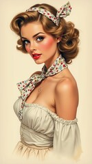 Fototapeta premium Vintage 1960s pin-up model with floral scarf in hair
