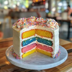 A colorful cake with rainbow layers inside, ready to be sliced at a lively party