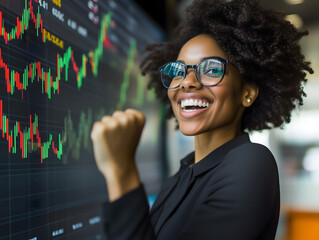 Successful Black Woman Celebrating Stock Market Gains in Front of a Digital Board Displaying Stock Values. Trader and Business Concept. Image Generated by AI