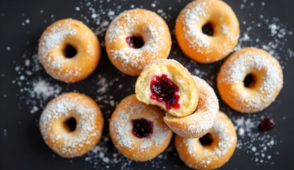 Pampukh Ukrainian Donuts Filled with Sweet Jam and Sprinkled with Powdered Sugar (Ukrainian Cuisine)
