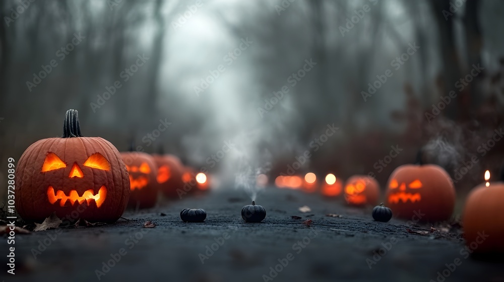 Poster glowing carved pumpkins with flickering candles lining a spooky halloween themed path an autumnal pa