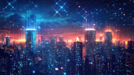 Futuristic city skyline with vibrant colors and digital effects.