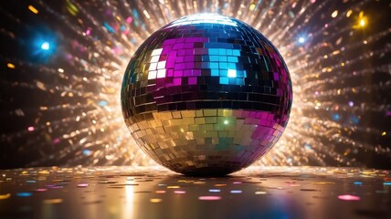 Disco ball with colorful reflections and sparkling background for party atmosphere