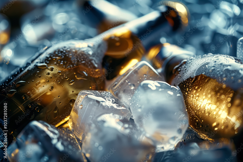 Aufkleber bottle of beer with a cap on top is sitting in a container of ice. the bottle is half full and the i