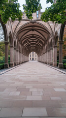 Obraz premium A long, arched walkway leading to a building in the distance.